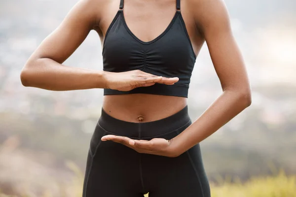 One African American Female Framing Her Stomach Her Hands While — Stok fotoğraf