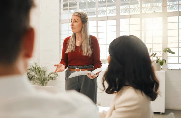 Mature Boss Talking Staff Meeting Leading Businesswoman Collaborating Staff Powerful — Stockfoto
