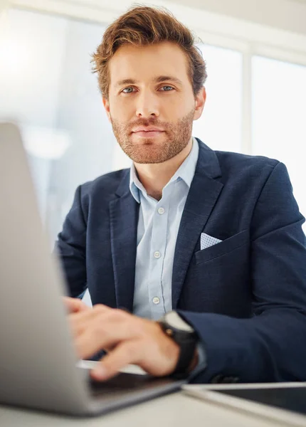 Portrait One Focused Young Caucasian Businessman Working Laptop Office Confident — Photo