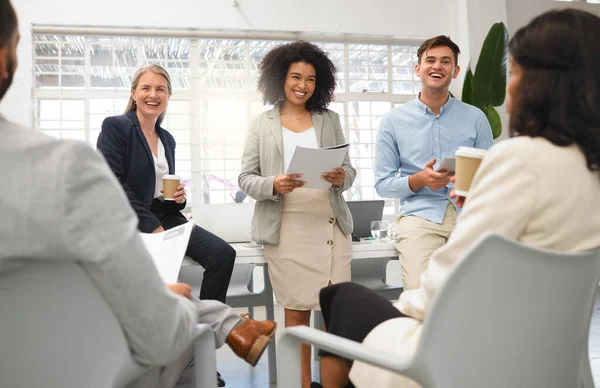 Group Five Diverse Businesspeople Having Meeting Office Work Cheerful Coworkers — Foto Stock