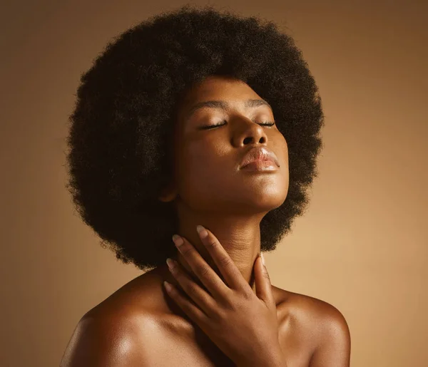 Confident African American Woman Natural Afro Posing Brown Studio Copyspace — Foto de Stock