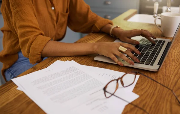 Mixed Race Businesswoman Typing Email Laptop While Working Home One — Stok fotoğraf