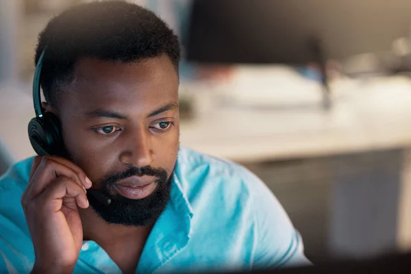 One Young African American Call Centre Telemarketing Agent Talking Headset — Fotografia de Stock