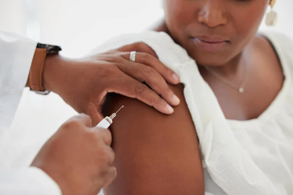 African American Patient Getting Vaccine Injection Closeup Hand Doctor Holding — 스톡 사진