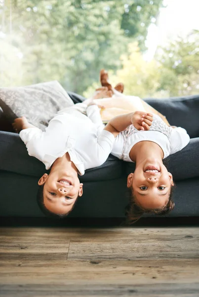 Portrait Two Little Mixed Race Siblings Spending Time Together Lying — Fotografia de Stock