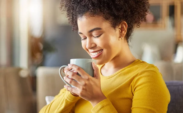 Young Happy Mixed Race Woman Holding Drinking Cup Coffee Home — Φωτογραφία Αρχείου