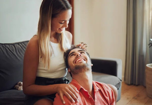 Loving Young Caucasian Couple Sitting Together Home Spending Time Happy — Fotografia de Stock