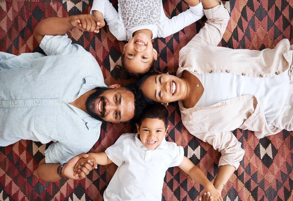 Portrait Mixed Race Family Laying Floor Home Hispanic Family Bonding — Stock Photo, Image