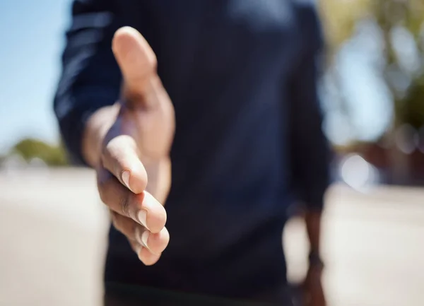 Closeup Unknown Businessman Holding His Hand Out Handshake City — Stockfoto