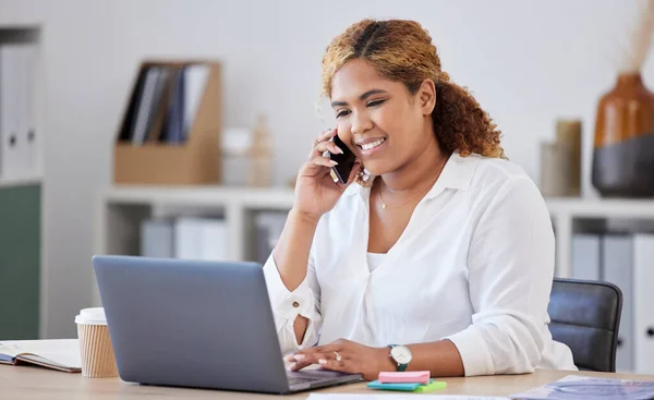 Mixed Race Businesswoman Call Using Phone While Working Laptop Alone — Foto de Stock