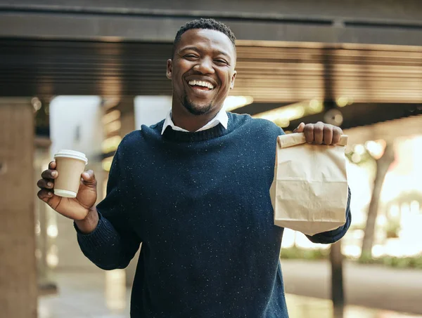 Businessman His Lunch Break Businessman Holding Brown Paper Bag Coffee —  Fotos de Stock
