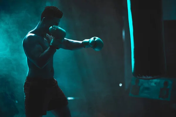 Silhouette Unrecognizable Boxer Man Sparring Punching Bag Dark Gym Male — Fotografia de Stock