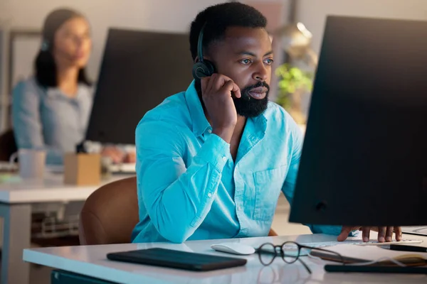One Young African American Call Centre Telemarketing Agent Talking Headset — Stockfoto