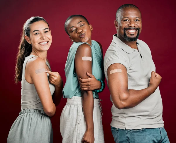 Covid Vaccinated Diverse Group People Showing Plaster Arm African American — ストック写真