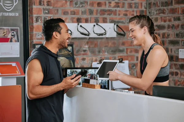 Asian Man Joining Gym Digital Tablet Member Caucasian Trainer Young — Stock Photo, Image