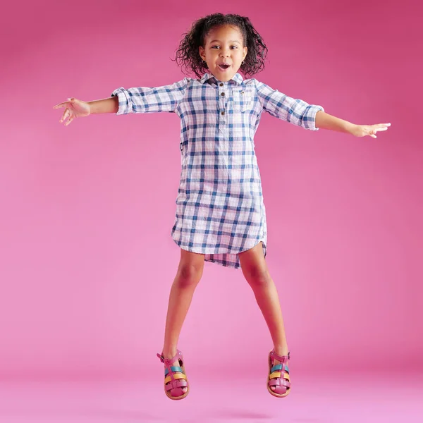 Pretty Little Mixed Race Girl Curly Hair Celebrating Dancing Pink — Stok Foto