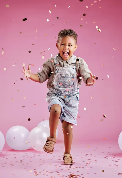 Cute Little Mixed Race Boy Celebrating Winning Pink Copyspace Background — Stok Foto