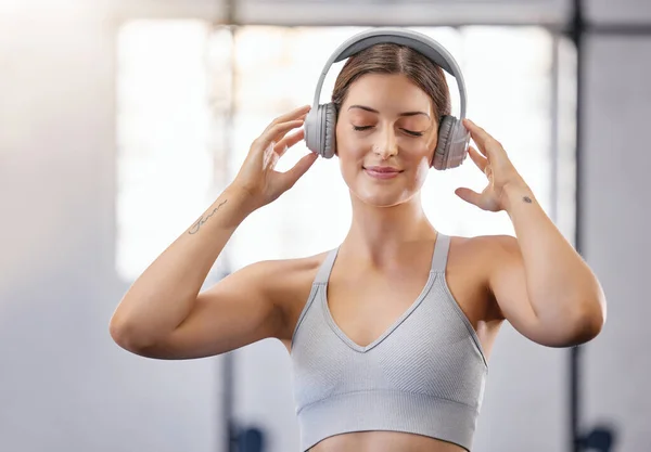 One Active Young Caucasian Woman Listening Relaxing Music Headphones While — 图库照片