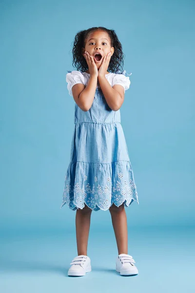 Adorable Hispanic Little Girl Hands Face Mouth Open Being Surprised — Stok Foto