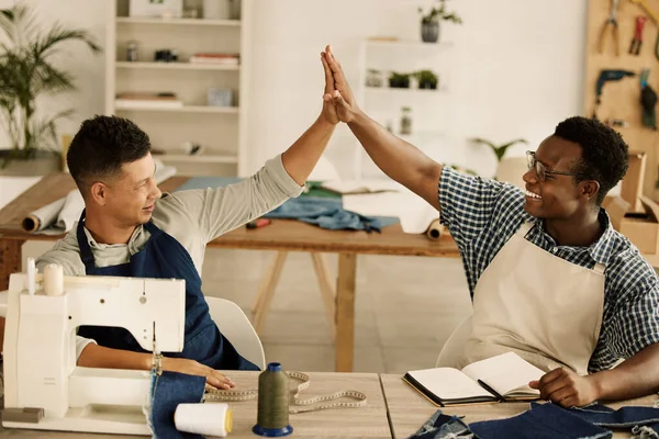 Two Designers Giving Each Other High Five Tailors Celebrate Together — Foto Stock