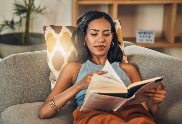Serious Mixed Race Woman Reading Book Living Room Home Beautiful — Foto Stock