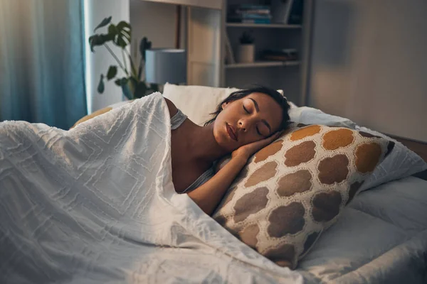 Beautiful Young Mixed Race Woman Sleeping Soft Comfortable Bed Home — Stockfoto