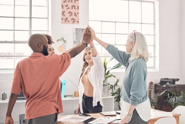 Group Diverse Businesspeople Giving Each Other High Five Office Work — Fotografia de Stock