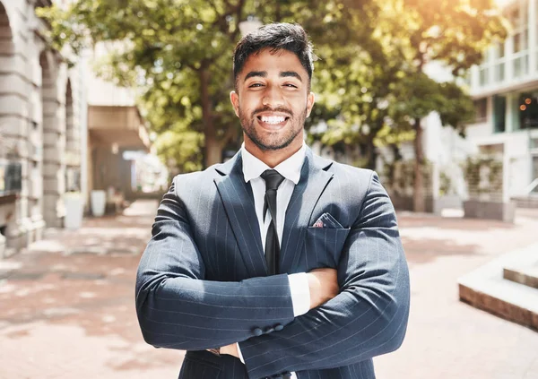 Cropped Portrait Handsome Young Businessman Standing His Arms Folded City — Photo