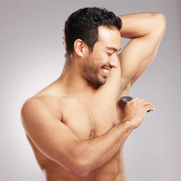 Handsome Young Mixed Race Man Shirtless Studio Isolated Grey Background — Zdjęcie stockowe