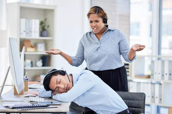 Close Young Asian Businessman Feeling Tired Sleeping Desk Call Center — Stockfoto