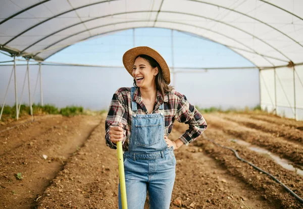 Young Female Farmer Working Her Greenhouse — 图库照片