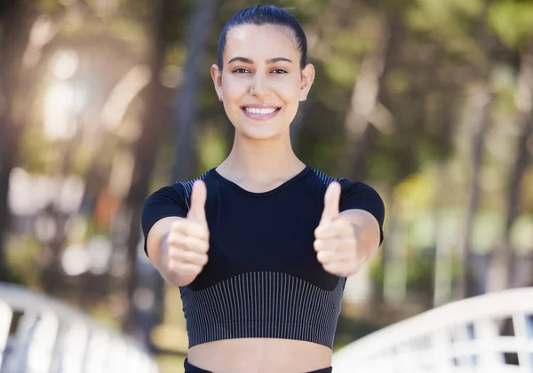 Happy Female Athlete Showing Thumbs Both Hands While Out Run — 스톡 사진