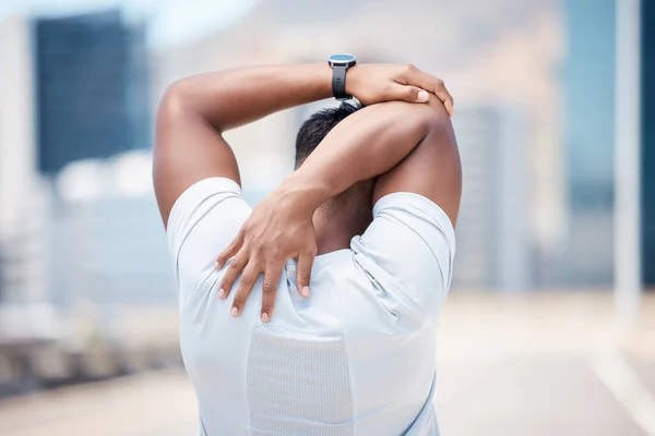 Rear View Fit Young Mixed Race Man Stretching His Arms — Stockfoto