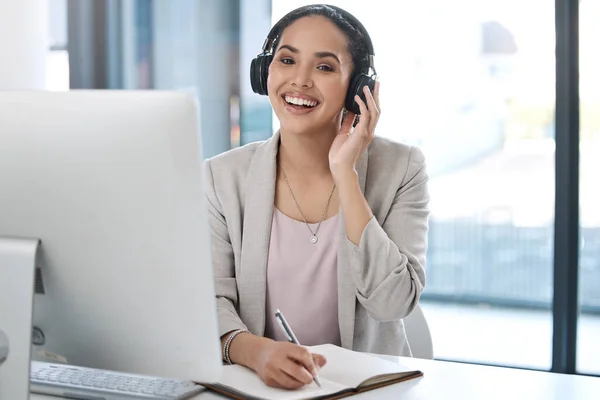 Young Happy Mixed Race Businesswoman Wearing Headphones Listening Music While — Stock Photo, Image