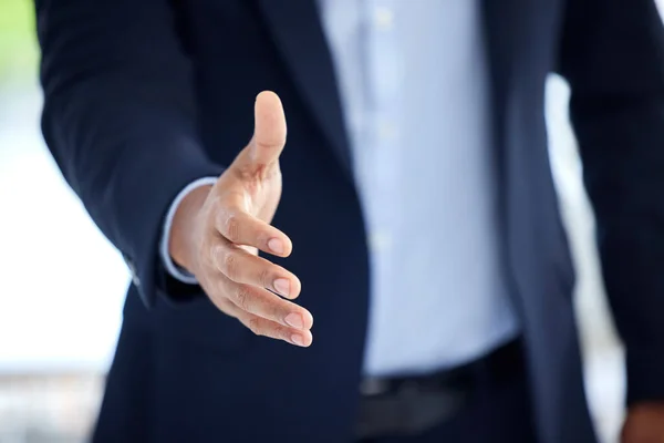 Closeup One Business Man Extending Hand Forward Greet Welcome Handshake — Stok fotoğraf