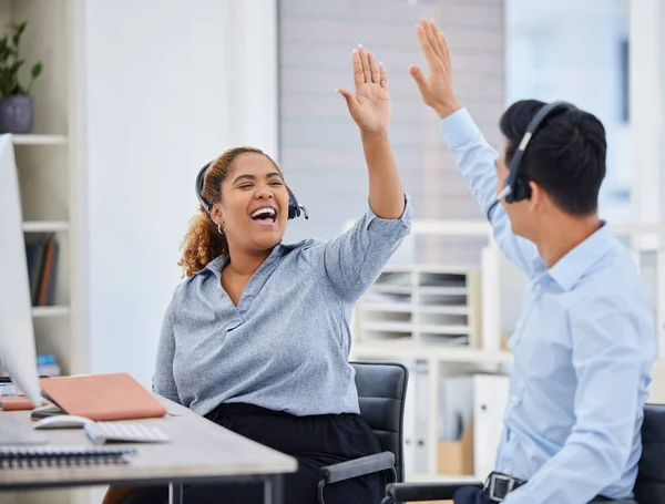 Two Happy Young Call Centre Telemarketing Agents Giving Each Other — Zdjęcie stockowe