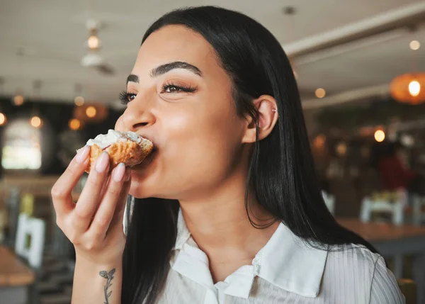 Beautiful Young Woman Biting Tasty Treat Cafe — Fotografia de Stock