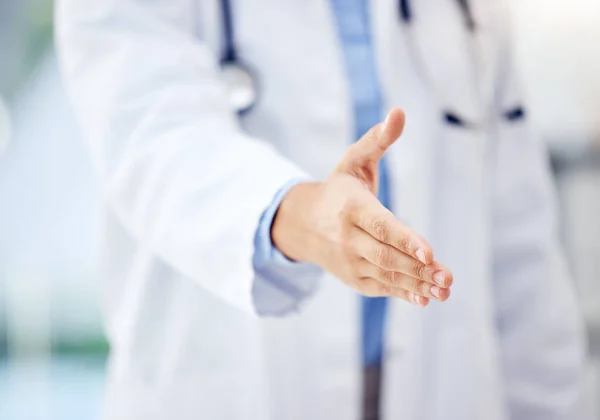 Closeup Shot Unrecognisable Doctor Extending Handshake Hospital — 图库照片