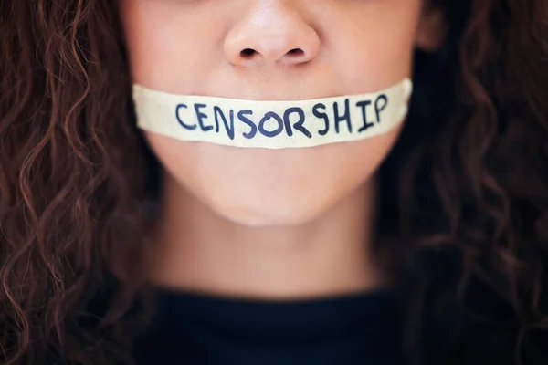 Closeup Shot Unrecognisable Woman Tape Her Mouth Has Word Censorship — стоковое фото