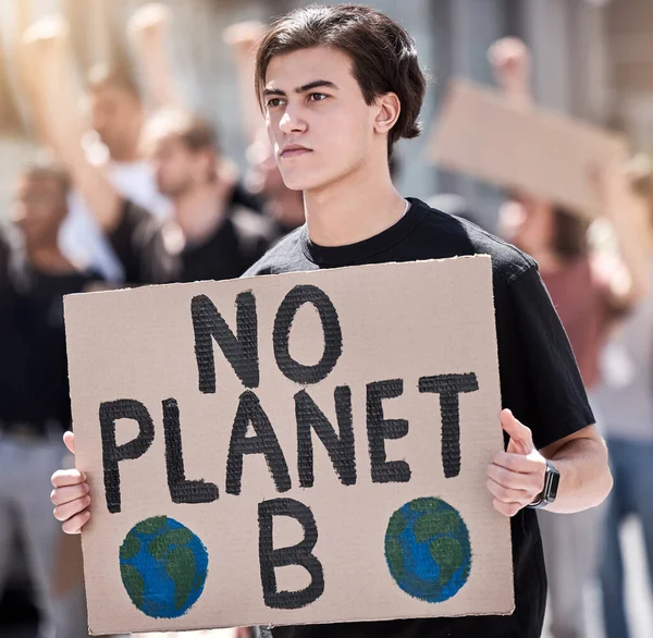 Young Man Holding Climate Change Poster Rally — Foto Stock