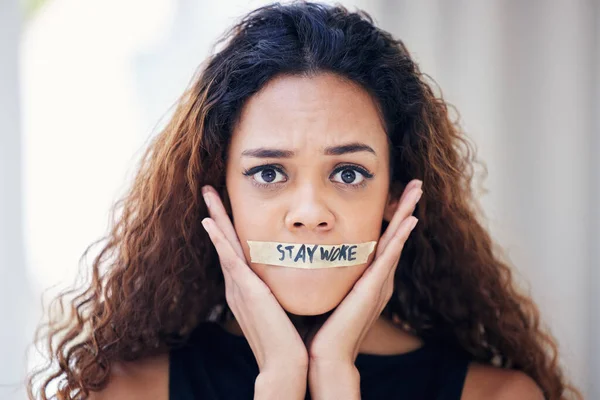 Portrait Young Woman Tape Her Mouth Has Words Stay Woke — Stockfoto