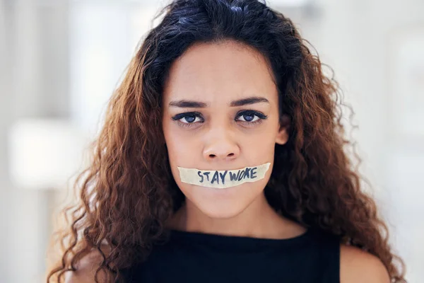 Portrait Young Woman Tape Her Mouth Has Words Stay Woke — стоковое фото