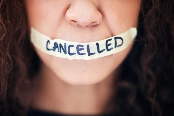 Closeup Shot Unrecognisable Woman Tape Her Mouth Has Word Cancelled — Stock Photo, Image