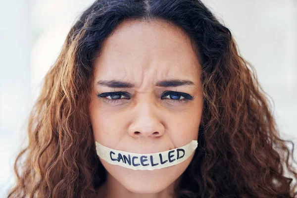 Portrait Young Woman Tape Her Mouth Has Word Cancelled Written — Stockfoto