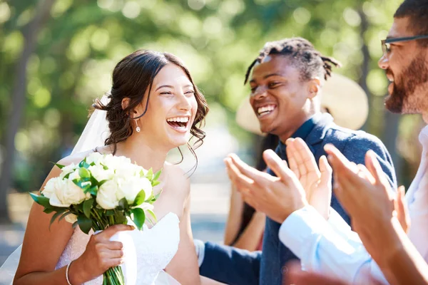 Beautiful Cheerful Bride Greeting Socialising Friends Family Guests Congratulating Bride — Stockfoto