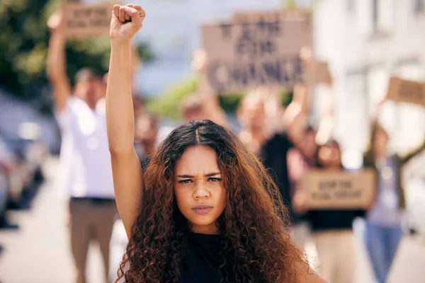 Young Female Protester Rally Her Fist Raised — Photo