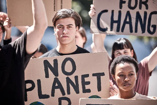 Group Young People Protest Rally Holding Placards — Stockfoto