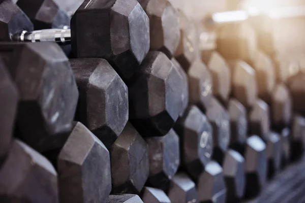 Closeup Stacked Piled Heavy Dumbbell Weights Arranged Empty Gym Nobody — Fotografia de Stock