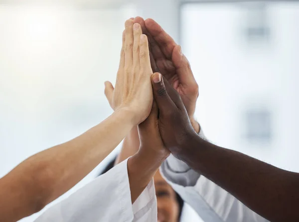 Closeup Shot Group Unrecognisable Medical Practitioners Joining Hands Together Huddle — Stock fotografie