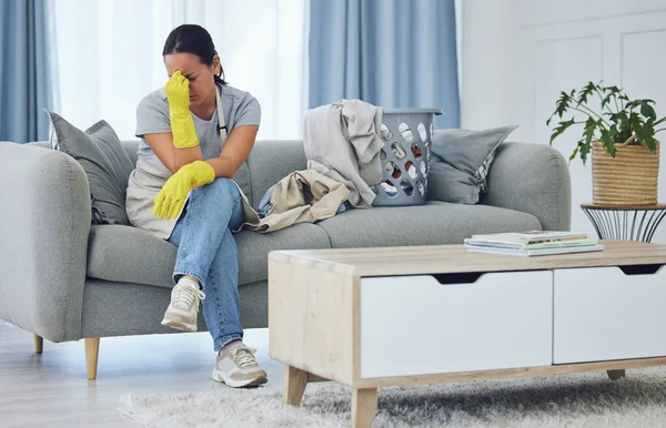 Young Woman Suffering Headache While Cleaning Home —  Fotos de Stock